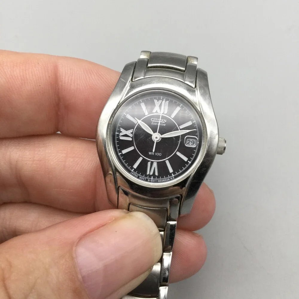 Citizen Eco-Drive WR 100 Womens Watch 25mm Black Dial Date Stainless Bracelet 6